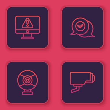 Hat monitörünü ünlem işareti, güvenlik kamerası, konuşma balonunu kontrol et ve... Mavi kare düğme. Vektör