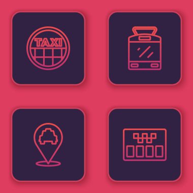 Taksi durağı, taksi, tramvay, tren ve taksimetre. Mavi kare düğme. Vektör