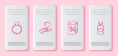 Nişan yüzüğü, kalp eli, 14 Şubat takvimi ve etiket. Beyaz dikdörtgen düğme. Vektör