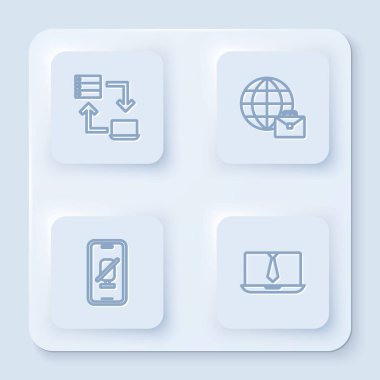 Çevrimiçi hat çalışıyor, mikrofon sessiz ve görüntülü sohbet konferansında. Beyaz kare düğme. Vektör