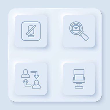 Hattı Dilsiz mikrofon, evrak çantalı büyüteç, Proje ekibi üssü ve ofis koltuğu. Beyaz kare düğme. Vektör