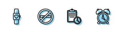 Çizgi spor eğitim programı, akıllı saat, sigara içilmez ve alarm saati simgesi. Vektör