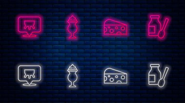 Milkshake, Peynir, Meme ve Yoğurt 'u şişeye koy. Tuğla duvarda parlayan neon simgesi. Vektör