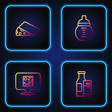 Şişe sütü ve bardak, peynir ve şişedeki bebek. Renk simgeleri. Vektör