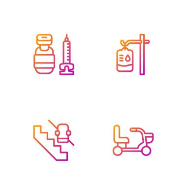 Elektrikli sandalye, engelli asansör, şırınga ve serum. Renk simgeleri. Vektör