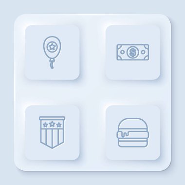 Balonlar, desteler kağıt para, Amerikan bayrağı ve Burger. Beyaz kare düğme. Vektör
