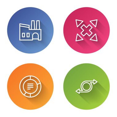 Satır Fabrikası, birçok yönden yönlü ok, pasta grafiği bilgisi ve ok. Renkli daire düğmesi. Vektör