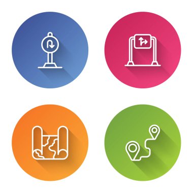 Hattı belirle, geri dönüş işareti, trafik, katlanmış harita ve güzergah konumu. Renkli daire düğmesi. Vektör