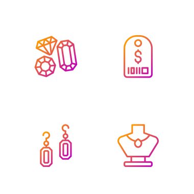 Manken, küpe, mücevher taşı ve dolar fiyatına kolye koy. Renk simgeleri. Vektör