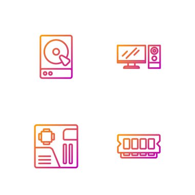 Hat RAM, rastgele erişim belleği, ana kart dijital çip, sabit disk sürücü HDD ve bilgisayar monitörü ayarla. Renk simgeleri. Vektör