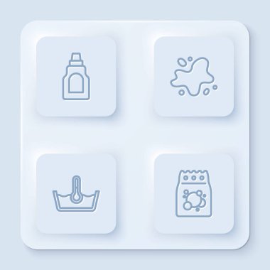 Temizlik malzemesi, su dökülmesi, ısı temizleme ve çamaşır deterjanı için şişe ayarla. Beyaz kare düğme. Vektör