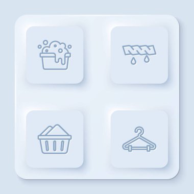 Sabun köpüklü leğen, sıkışık giysiler ve elbise askısı. Beyaz kare düğme. Vektör