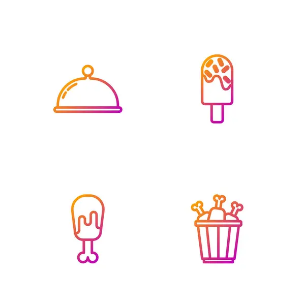 Set line Chicken leg in package box, , Covered with tray and Ice cream. Gradient color icons. Vector — Διανυσματικό Αρχείο