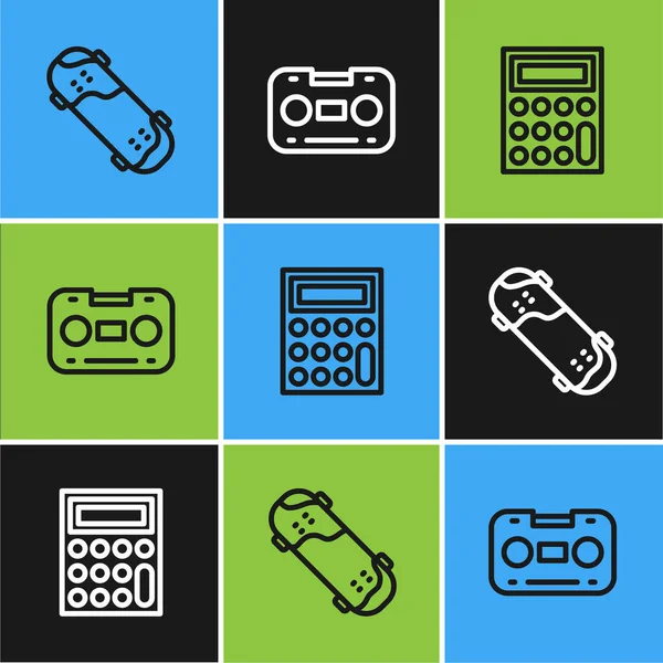 Set line Skateboard trick, Calculator and Retro audio cassette tape icon. Vector — Stock Vector