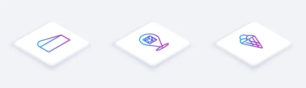 Set Isometric line Cheese, and Ice cream in waffle cone. White square button. Vector — Διανυσματικό Αρχείο