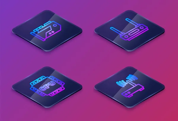 Set Isometric line Video graphic card, Processor with CPU, Router and wi-fi signal and . Blue square button. Vector — Image vectorielle
