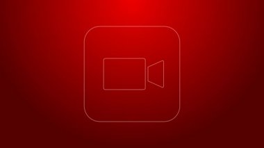 Kırmızı arkaplanda yeşil çizgi kamera simgesi izole edildi. Video kamera. Film tabelası. Film projektörü. 4K Video hareketli grafik canlandırması