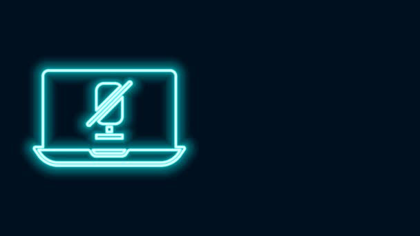 Glowing neon line Mute microphone on laptop icon isolated on black background. Microphone audio muted. 4K Video motion graphic animation — Αρχείο Βίντεο