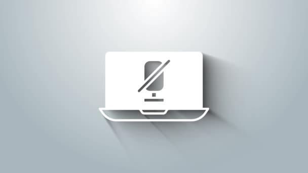 Mikrofon White Mute na ikonu notebooku izolovaný na šedém pozadí. Zvuk mikrofonu utichl. Grafická animace pohybu videa 4K — Stock video