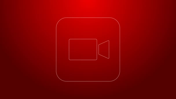 Línea verde Icono de la cámara aislado sobre fondo rojo. Videocámara. Signo de película. Proyector de cine. Animación gráfica de vídeo 4K — Vídeo de stock