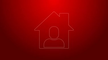 Yeşil Hat Çevrimiçi çalışan simge kırmızı arkaplanda izole edildi. Evinde dizüstü bilgisayarla çalışan serbest çalışan bir adam. Uzaktan kumanda. Mesafeli iş kavramı. 4K Video hareketli grafik canlandırması