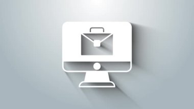 Beyaz Çevrimiçi çalışma simgesi gri arkaplanda izole edildi. Evinde dizüstü bilgisayarla çalışan serbest çalışan bir adam. Uzaktan kumanda. Mesafeli iş kavramı. 4K Video hareketli grafik canlandırması