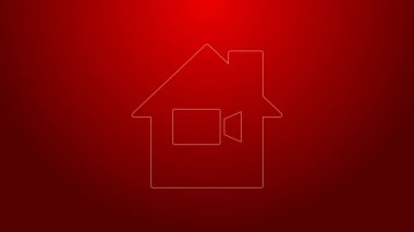 Kırmızı arkaplanda izole edilmiş ev ikonundaki yeşil çizgi video kamera kapalı. Video yok. 4K Video hareketli grafik canlandırması