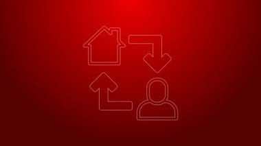 Yeşil Hat Çevrimiçi çalışan simge kırmızı arkaplanda izole edildi. Evinde dizüstü bilgisayarla çalışan serbest çalışan bir adam. Uzaktan kumanda. Mesafeli iş kavramı. 4K Video hareketli grafik canlandırması