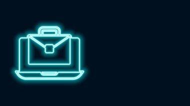 Parlayan neon hattı siyah arkaplanda izole edilmiş çalışan bir simge. Evinde dizüstü bilgisayarla çalışan serbest çalışan bir adam. Uzaktan kumanda. Mesafeli iş kavramı. 4K Video hareketli grafik canlandırması