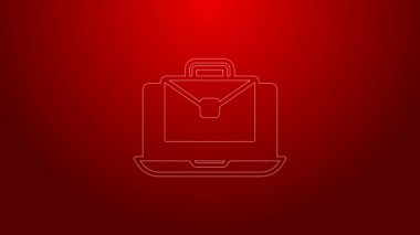 Yeşil Hat Çevrimiçi çalışan simge kırmızı arkaplanda izole edildi. Evinde dizüstü bilgisayarla çalışan serbest çalışan bir adam. Uzaktan kumanda. Mesafeli iş kavramı. 4K Video hareketli grafik canlandırması