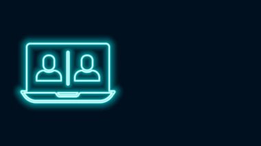 Parlayan neon hattı görüntülü sohbet konferansı simgesi siyah arkaplanda izole edildi. Çevrimiçi iş görüşmesi formu. Uzak proje yönetimi. 4K Video hareketli grafik canlandırması