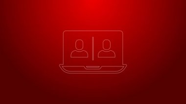 Kırmızı arkaplanda yeşil hat görüntülü sohbet konferansı simgesi izole edildi. Çevrimiçi iş görüşmesi formu. Uzak proje yönetimi. 4K Video hareketli grafik canlandırması