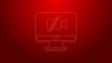 Kırmızı arkaplanda izole edilmiş bilgisayar simgesindeki yeşil çizgi video kamerası kapalı. Video yok. 4K Video hareketli grafik canlandırması