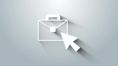 Beyaz Çevrimiçi çalışma simgesi gri arkaplanda izole edildi. Evinde dizüstü bilgisayarla çalışan serbest çalışan bir adam. Uzaktan kumanda. Mesafeli iş kavramı. 4K Video hareketli grafik canlandırması