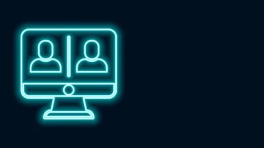 Parlayan neon hattı görüntülü sohbet konferansı simgesi siyah arkaplanda izole edildi. Çevrimiçi iş görüşmesi formu. Uzak proje yönetimi. 4K Video hareketli grafik canlandırması