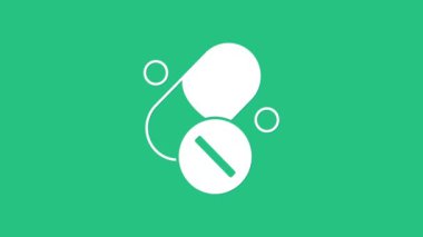 Yeşil arka planda izole edilmiş beyaz ilaç kapsülü ikonu vitamin kompleksi. Sağlıklı bir yaşam tarzı. 4K Video hareketli grafik canlandırması