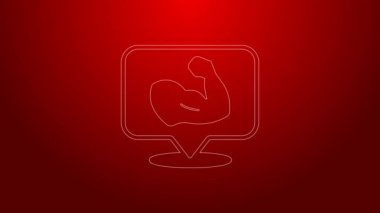 Yeşil çizgi vücut geliştiricisi kırmızı arka planda izole edilmiş kas simgesini gösteriyor. Formda kalmak, güçlü sağlık hobisi kavramı. 4K Video hareketli grafik canlandırması