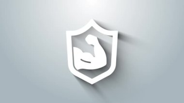 Beyaz vücut geliştirici gri arka planda izole edilmiş kas simgesini gösteriyor. Formda kalmak, güçlü sağlık hobisi kavramı. 4K Video hareketli grafik canlandırması