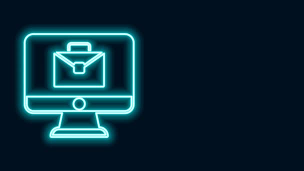 Glödande neon line Online arbetar ikon isolerad på svart bakgrund. Frilansare som jobbar på laptop hemma hos sig. Fjärrarbete. Begreppet distansarbete. 4K Video motion grafisk animation — Stockvideo