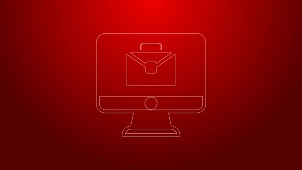 Green line Online working icon isolated on red background. Freelancer man working on laptop at his house. Remote work. Distant job concept. 4K Video motion graphic animation — Video