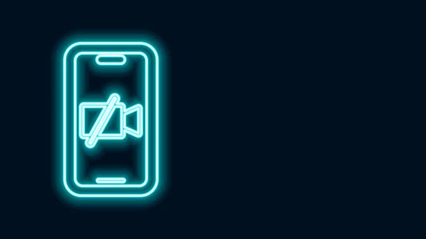 Glowing neon line Video camera Off on mobile screen icon isolated on black background. No video. 4K Video motion graphic animation — Stock Video