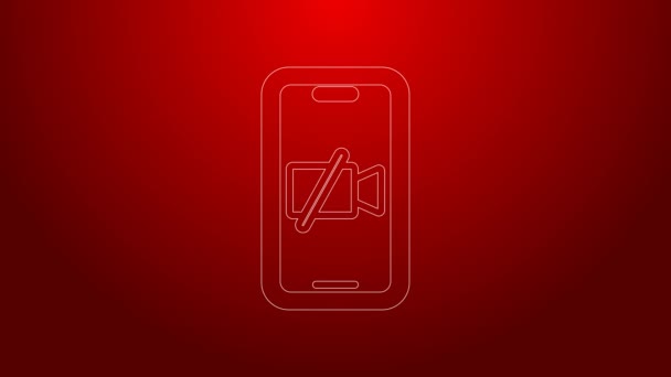 Green line Video camera Off on mobile screen icon isolated on red background. No video. 4K Video motion graphic animation — Αρχείο Βίντεο