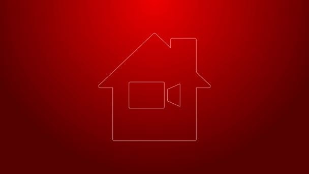 Línea verde Cámara de vídeo Desactivado en el icono de la casa aislado sobre fondo rojo. No hay video. Animación gráfica de vídeo 4K — Vídeos de Stock