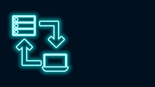 Glowing neon line Online working icon isolated on black background. Freelancer man working on laptop at his house. Remote work. Distant job concept. 4K Video motion graphic animation — Stock Video