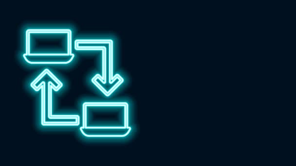 Glowing neon line Online working icon isolated on black background. Freelancer man working on laptop at his house. Remote work. Distant job concept. 4K Video motion graphic animation — Video