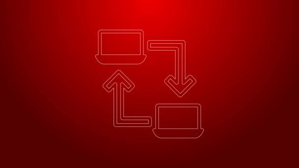 Green line Online working icon isolated on red background. Freelancer man working on laptop at his house. Remote work. Distant job concept. 4K Video motion graphic animation — Video