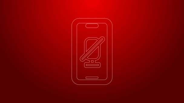 Línea verde Micrófono silencioso en el icono del teléfono móvil aislado sobre fondo rojo. Micrófono silenciado. Animación gráfica de vídeo 4K — Vídeo de stock