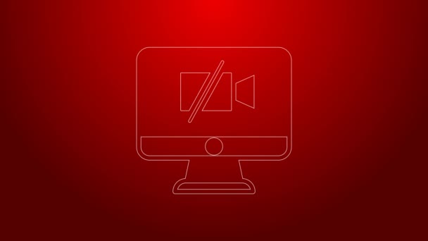 Zielona linia Kamera wideo Wyłączona na ikonie komputera na czerwonym tle. Żadnych nagrań. 4K Animacja graficzna ruchu wideo — Wideo stockowe