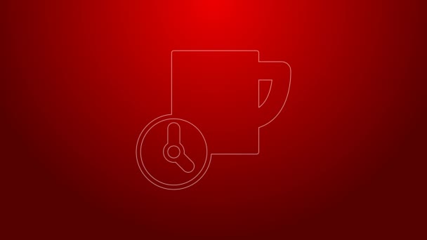 Línea verde Icono de gestión del tiempo aislado sobre fondo rojo. Signo de reloj y taza de café. Símbolo de productividad. Animación gráfica de vídeo 4K — Vídeo de stock