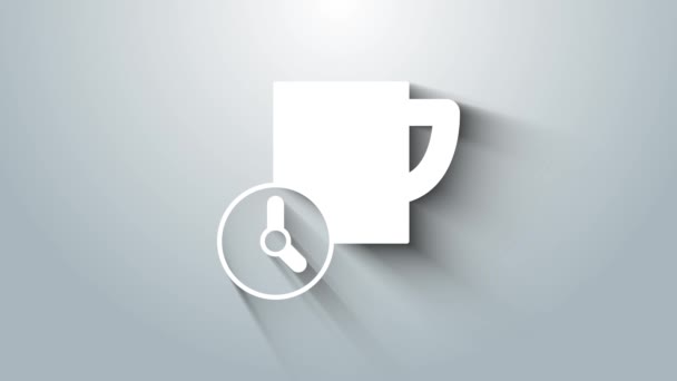 White Time management icon isolated on grey background. Clock and coffee cup sign. Productivity symbol. 4K Video motion graphic animation — Video